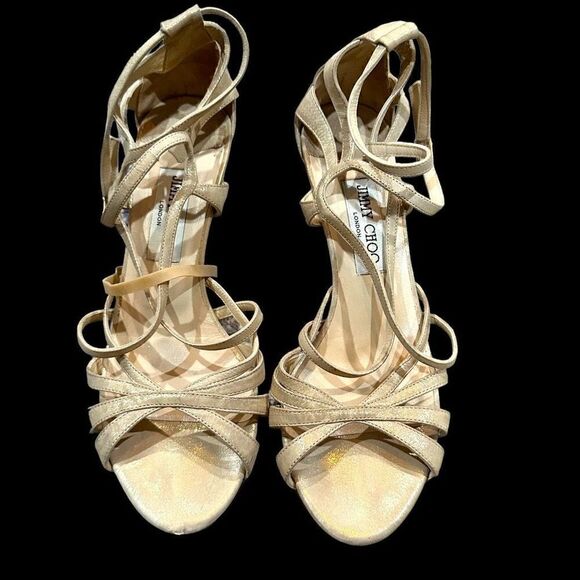 Jimmy Choo Women JIMMY CHOO Gold Strappy High Heel Sandals Open Toe Shoes Size 37.5 (6.5 US)
